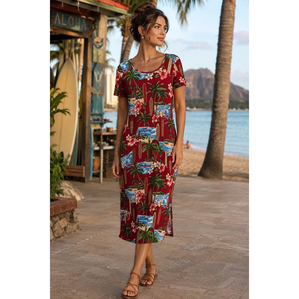 Hilo Hattie Red Tropical Scenic Surfboard Rayon Midi Dress Small Hawaiian Floral - Picture 13 of 14